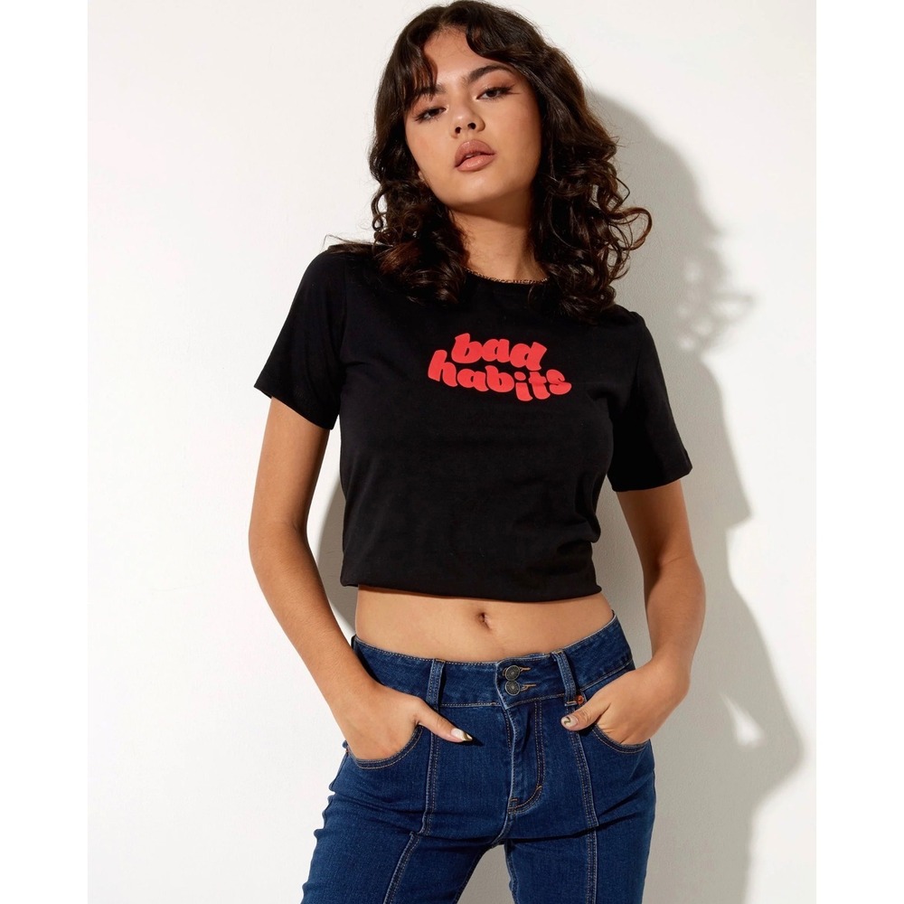 Motel Rocks Bad Habits Graphic Tee Women Large Black Excellent Crop Baby Tee